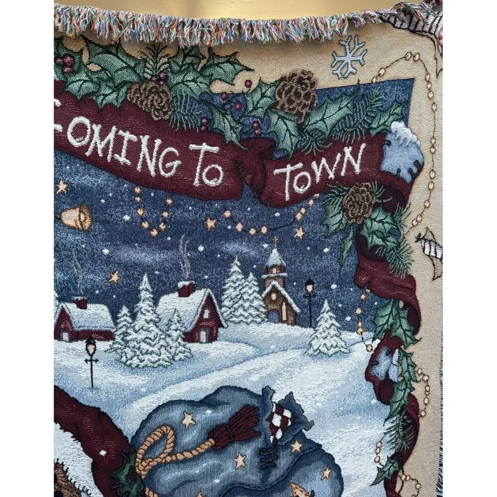 Boyds Bears He's Coming To Town Christmas Tapestry Throw Blanket 72x56